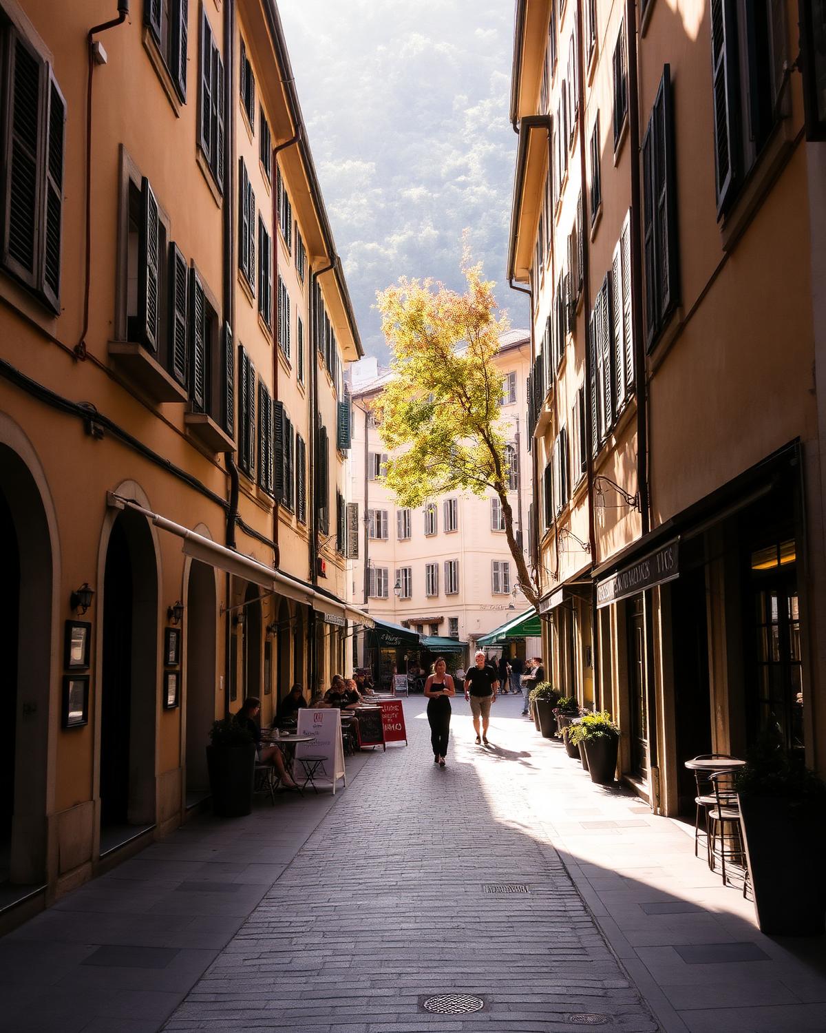Altstadtgasse in Lugano mit Cafés