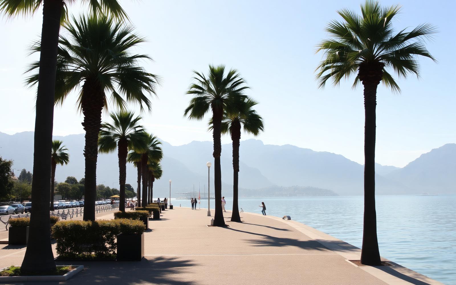 Uferpromenade von Lugano mit Palmen und See im Sonnenlicht