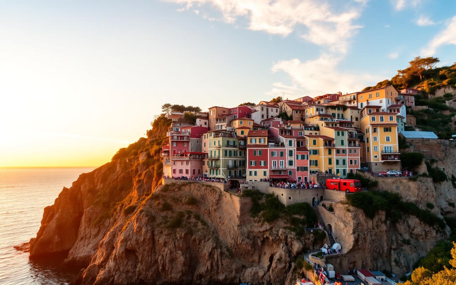 Bunte Häuser von Manarola an der ligurischen Küste im Abendlicht